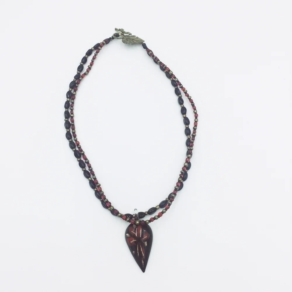 Handpainted Pointed Pendant Beaded Necklace Red